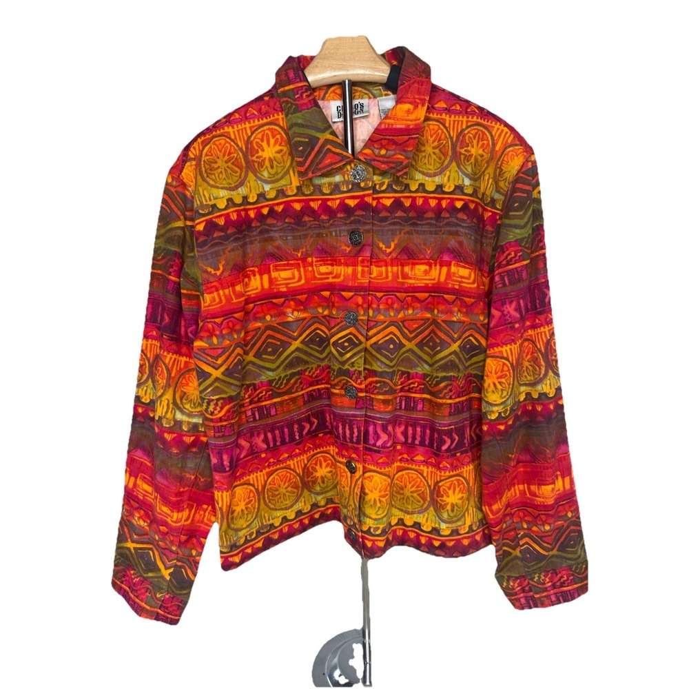 Chicos Design Top Womens Large Pink Orange Abstract Geometric Jacket Cotton Art